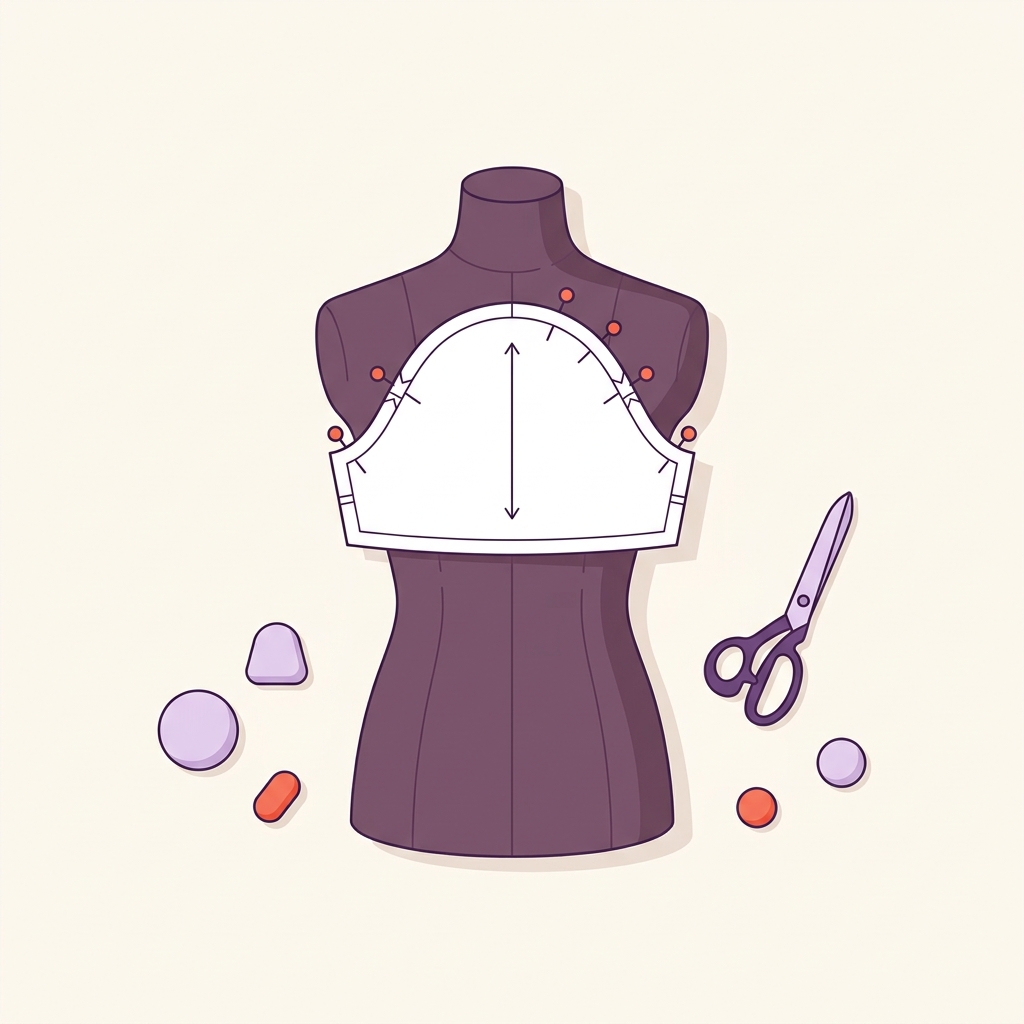 A tidy sewing worktable with a dress form and a pinned sleeve cap pattern showing grainline seam allowance single and double notches
