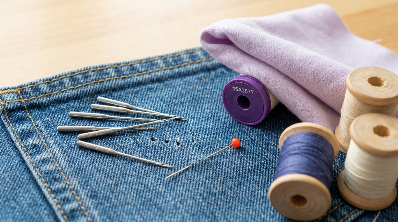 Close up full frame of denim fabric with sewing machine needles spools of thread pins and visible stitch detail on a clean worktable