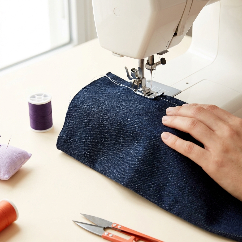 Overhead close up of a domestic sewing machine needle and presser foot stitching indigo denim scrap on a tidy worktable focusing on the needle area
