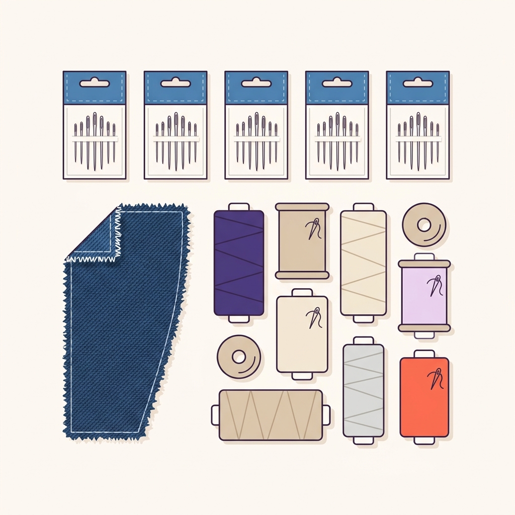 2D vector flat lay of needle packs with denim blue color coded tabs assorted thread spools and a small indigo jeans fabric scrap on a pale cream background