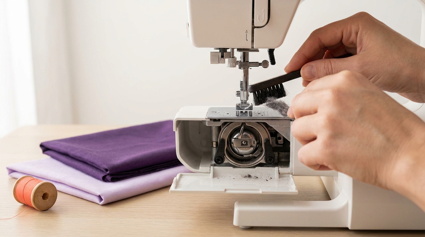 Close up full frame image of a tidy sewing machine throat with exposed bobbin case and small lint brush showing during simple maintenance