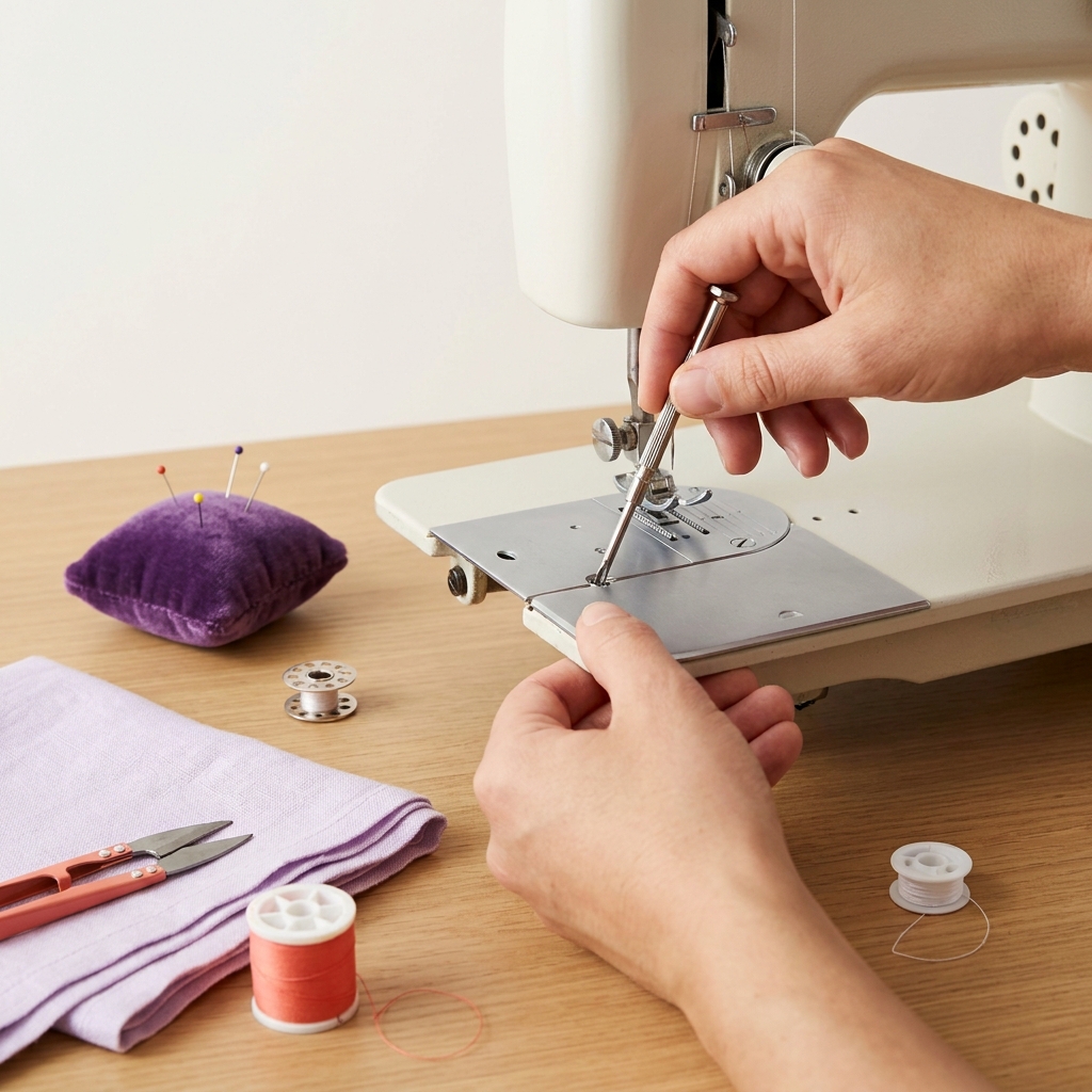 Close up of hands removing a sewing machine needle plate on a tidy worktable with bobbins thread and a small screwdriver on a cream background