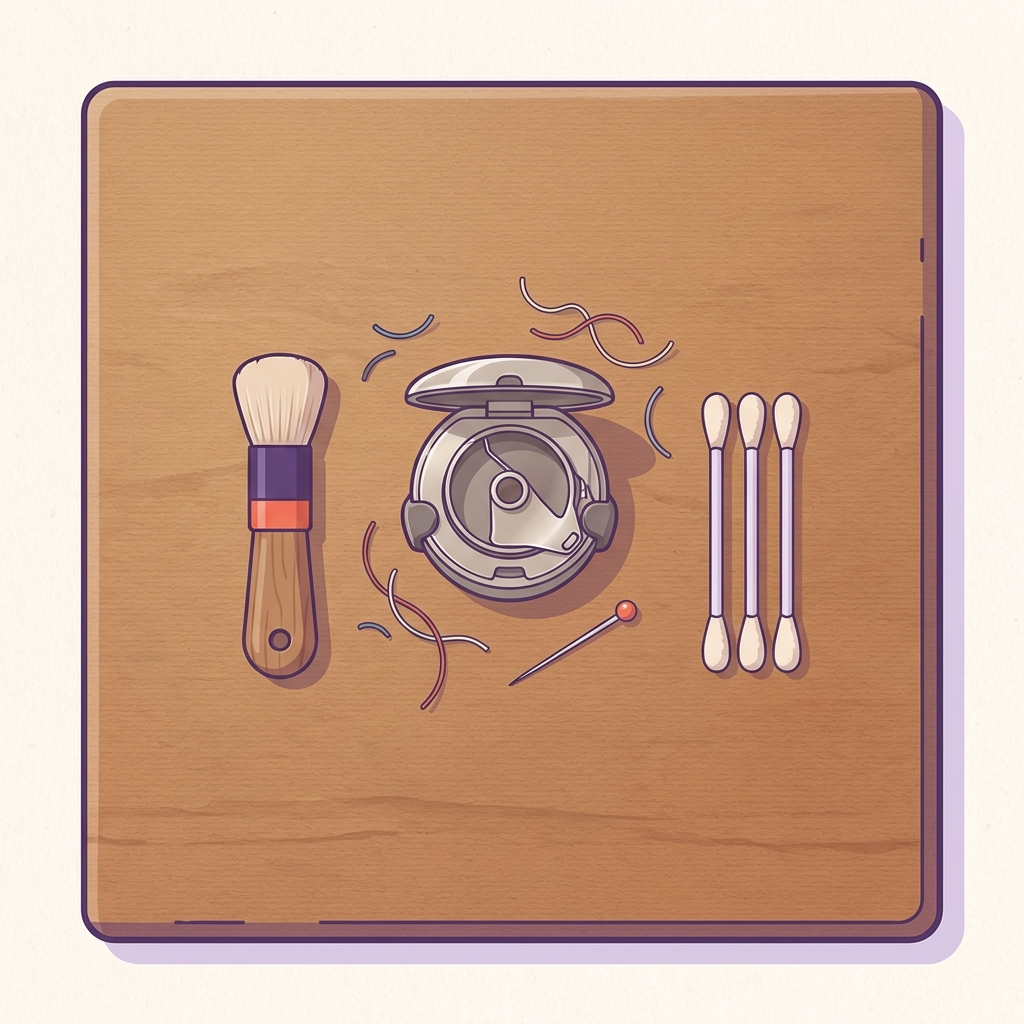 A bobbin case on a wooden table with a soft brush and cotton swabs arranged for cleaning in context