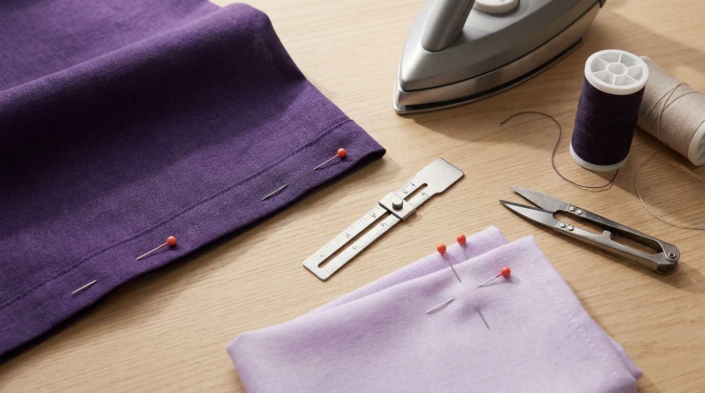 Overhead full frame shot of a sewing gauge beside a folded hem iron and pins on a soft cream worktable demonstrating hemming technique