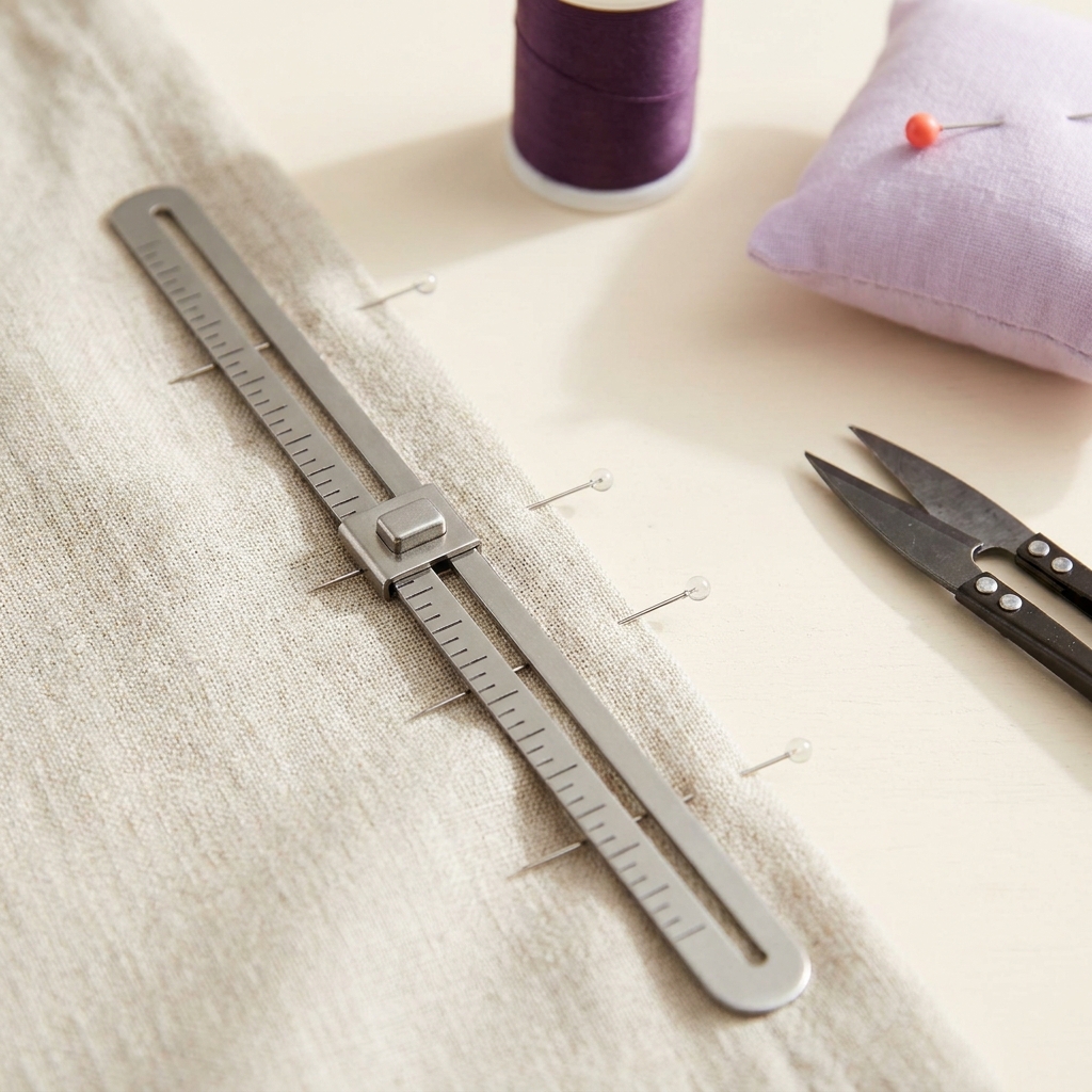 Close craft photo of a metal sewing gauge with slider aligned to tick inch markings without numbers on a pinned garment edge on a cream worktable