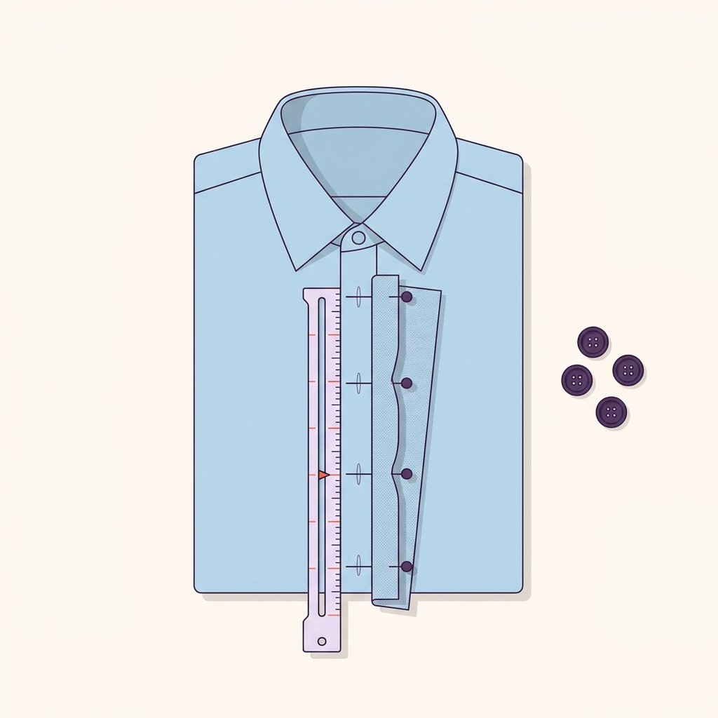 2D vector showing a sewing gauge marking buttonhole spacing on a shirt front on a tidy worktable with marked lines and nearby buttons