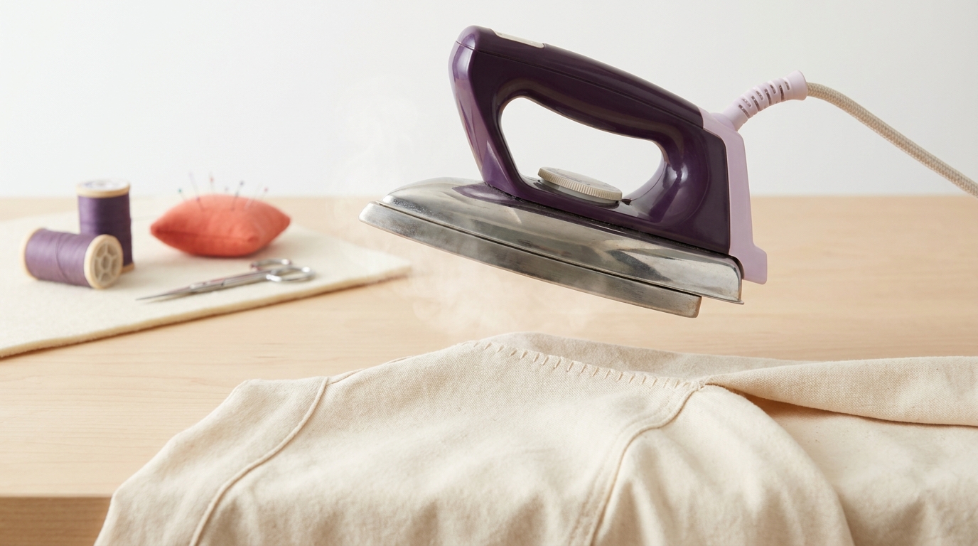 Close up of a hot iron hovering above a cotton seam on a tidy worktable