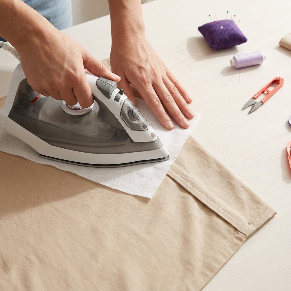Close overhead view of hands lowering an iron onto a pressed seam with a pressing cloth on a light workspace with brand color accents
