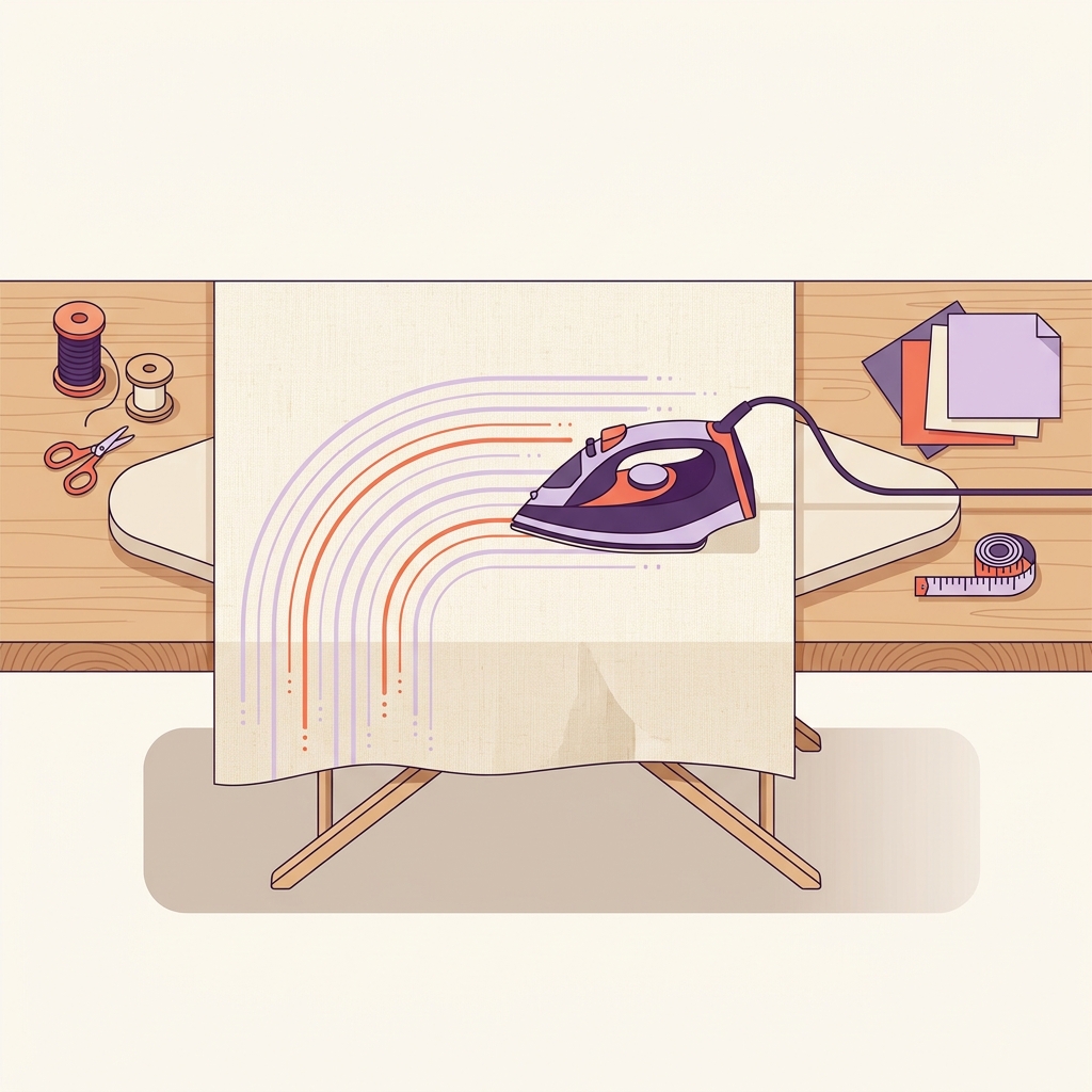 2D top down vector of a linen tablecloth smoothed on an ironing board with a stationary iron showing smooth gliding passes in brand palette