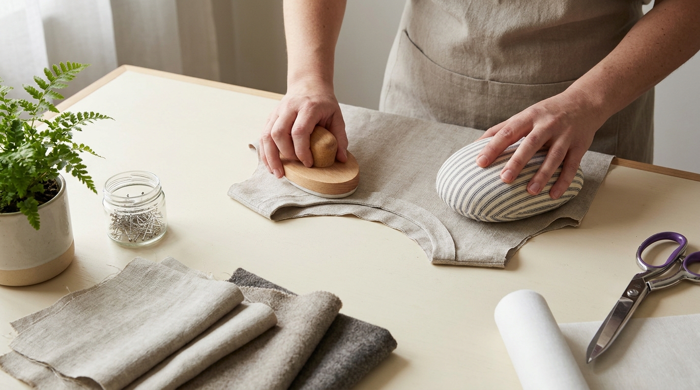 Close up of a tailor pressing a neckline facing on a garment with a wooden clapper and tailor ham surrounded by fabric swatches and fusible interfacing