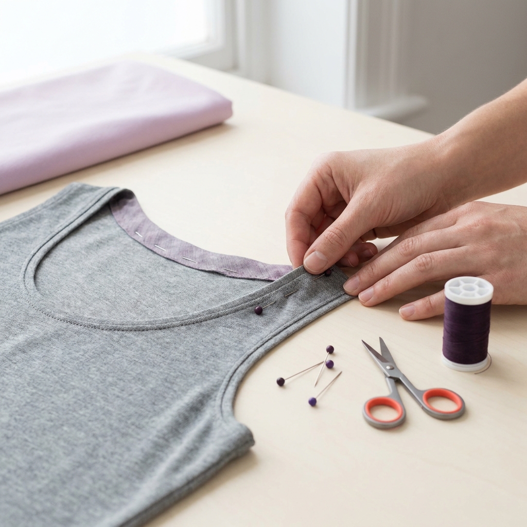 Close up craft photo of a bias facing cut pinned on the bias to a knit scoop neckline on a flat worktable with seamstress hands and pins visible