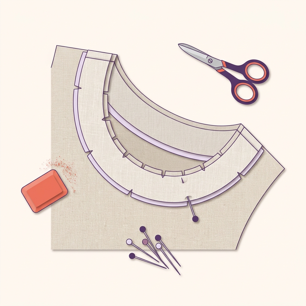 Top down 2D vector illustration of a curved neckline showing clipped and graded seam allowances with a pressed facing turned to the inside on a tidy worktable