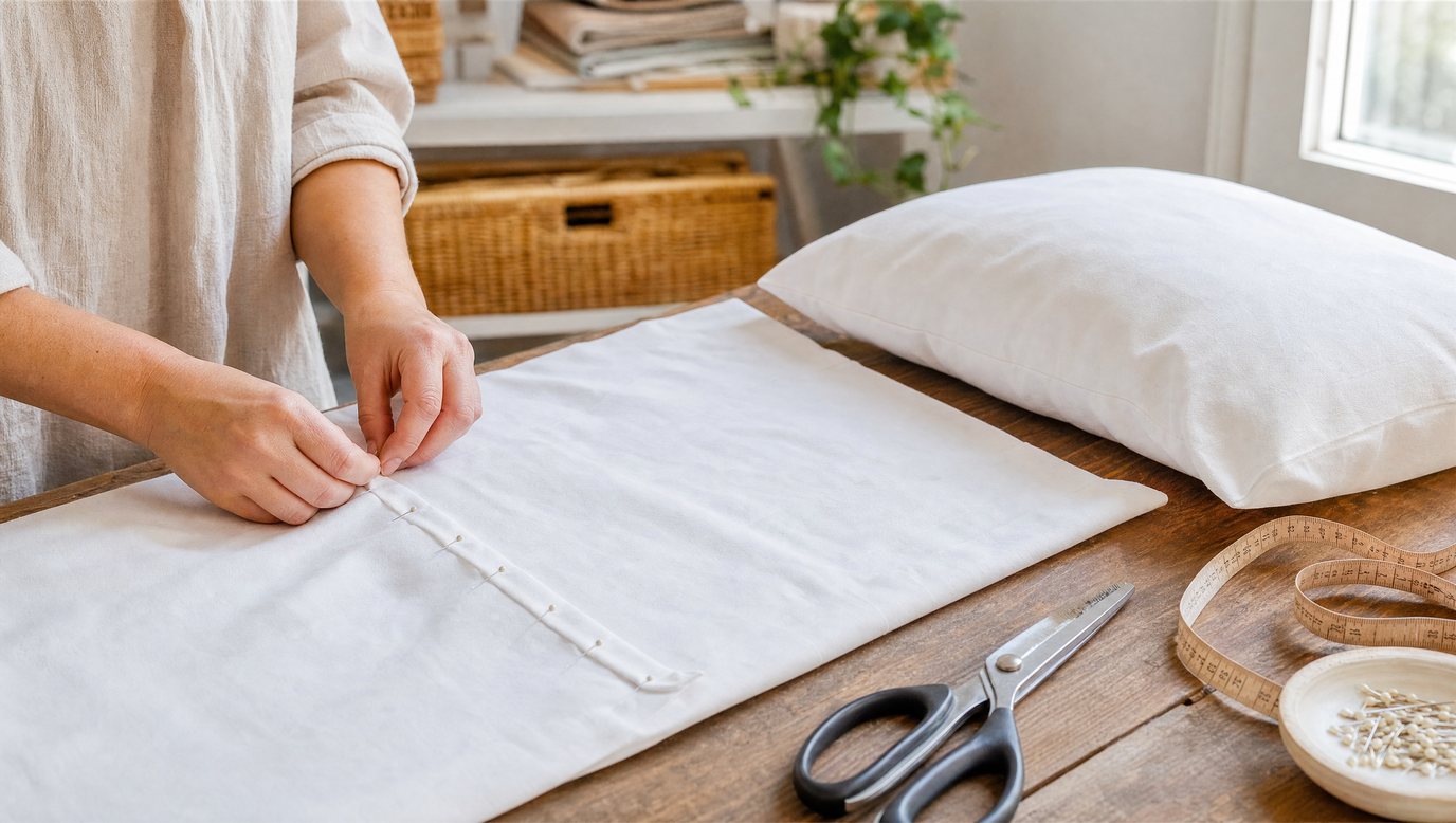 Hands pinning a long strip of white cotton on a wooden table beside a bed pillow, fabric scissors and a pin dish