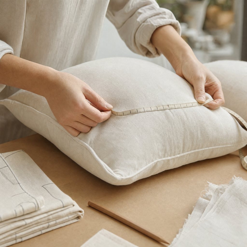 Hands measuring a bed pillow with a soft tape measure on a craft table beside folded cotton fabric and a pencil